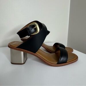 Vince‎ Dalia Black Leather Ankle Wrap Gold Buckle Block Heeled Sandal 9.5